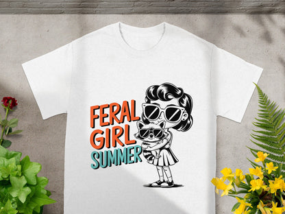 Feral Girl Summer Graphic Tee with Cat Illustration