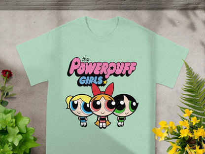 The Powerpuff Girls graphic on a light green t-shirt.