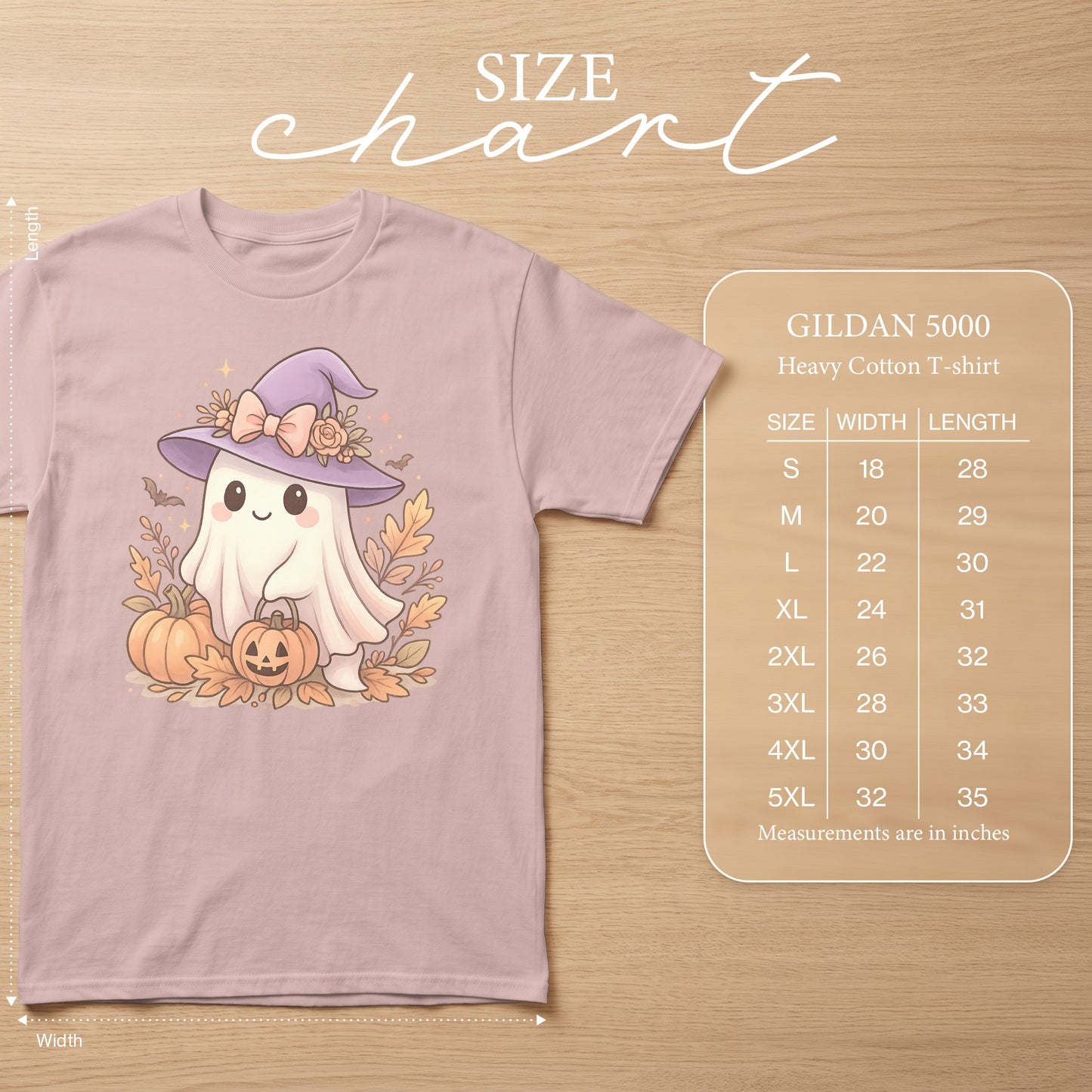 Size chart for Gildan 5000 Heavy Cotton T-shirt with ghost graphic.