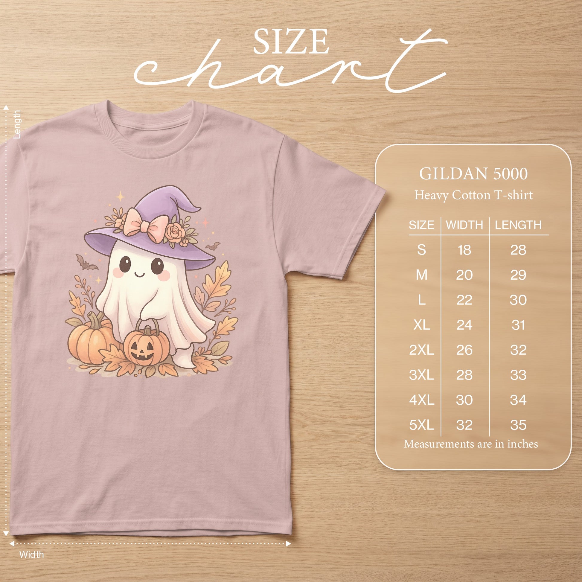 Size chart for Gildan 5000 Heavy Cotton T-shirt with ghost graphic.