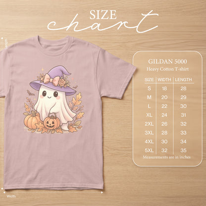 Size chart for Gildan 5000 Heavy Cotton T-shirt with ghost graphic.