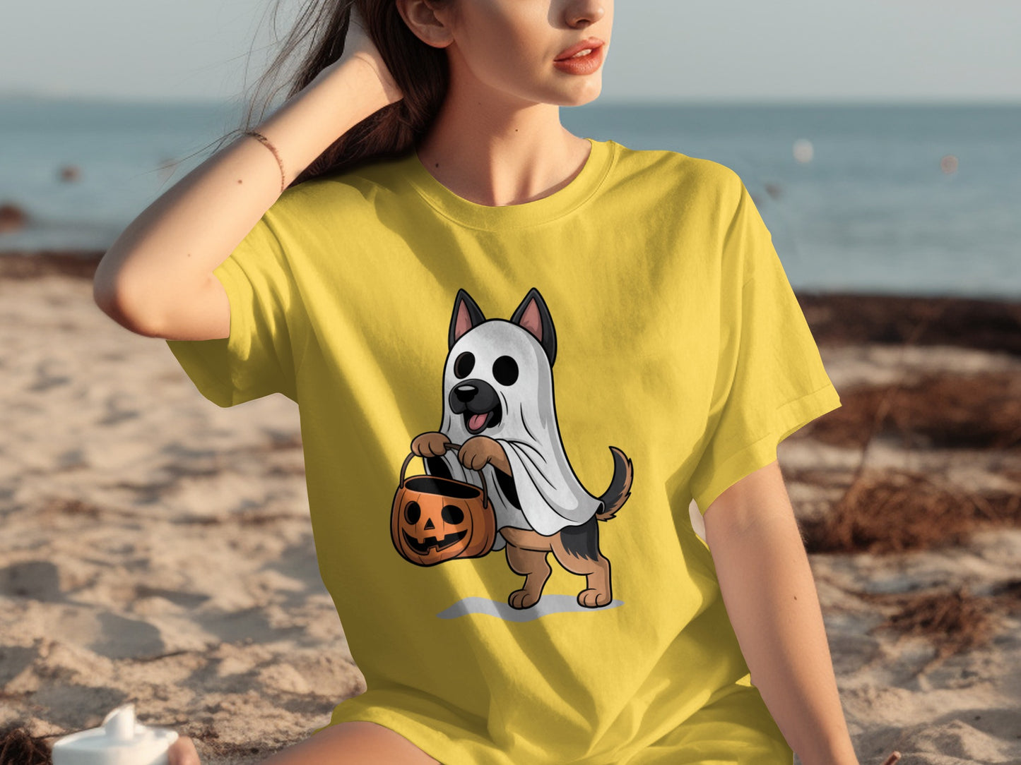 Halloween Ghost Dog with Pumpkin Cartoon T-shirt Design