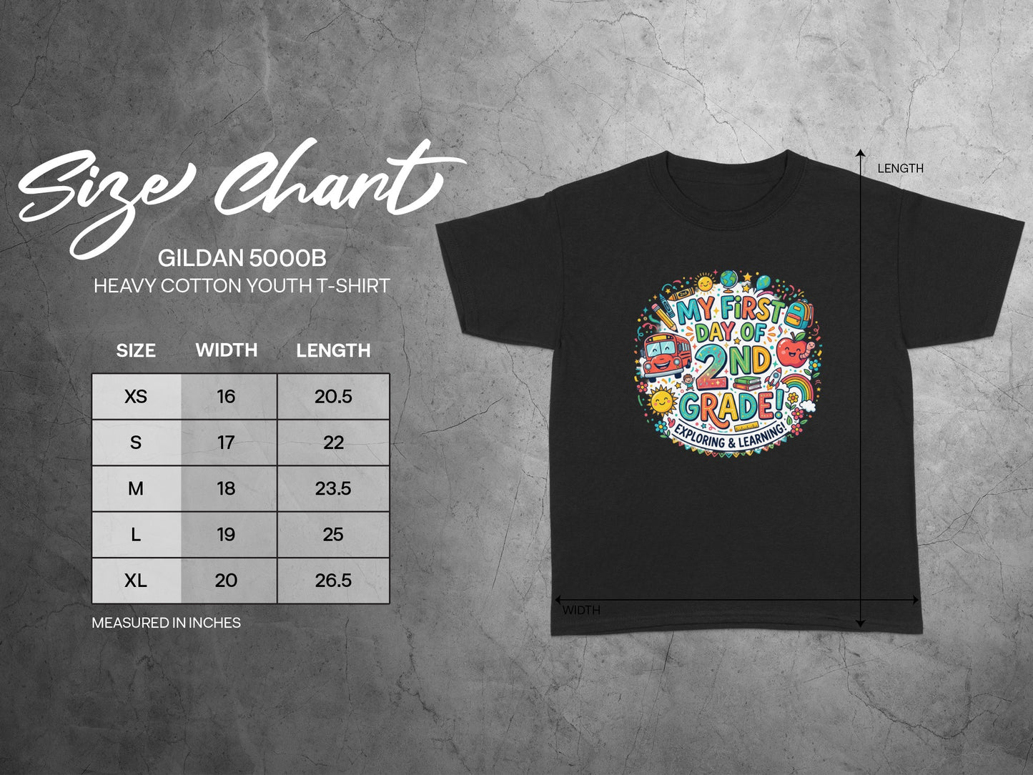 Black Gildan youth t-shirt with "My First Day of 2nd Grade!" graphic and size chart.