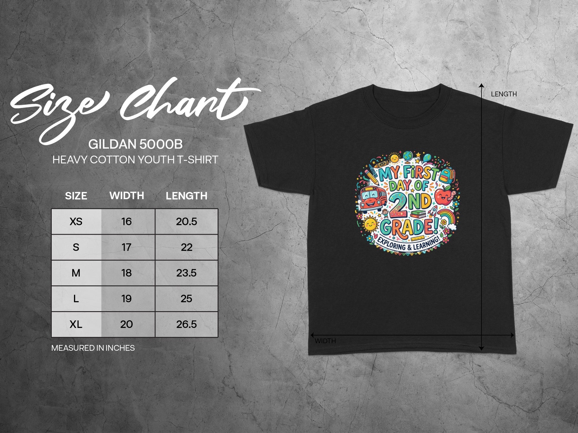 Black Gildan youth t-shirt with "My First Day of 2nd Grade!" graphic and size chart.