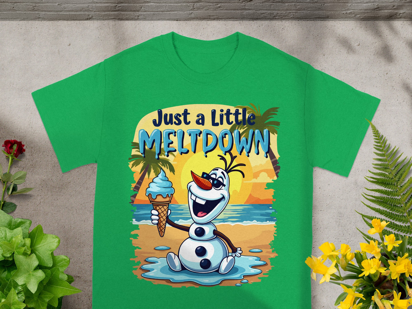 Olaf melting on a beach with "Just a little meltdown" text.