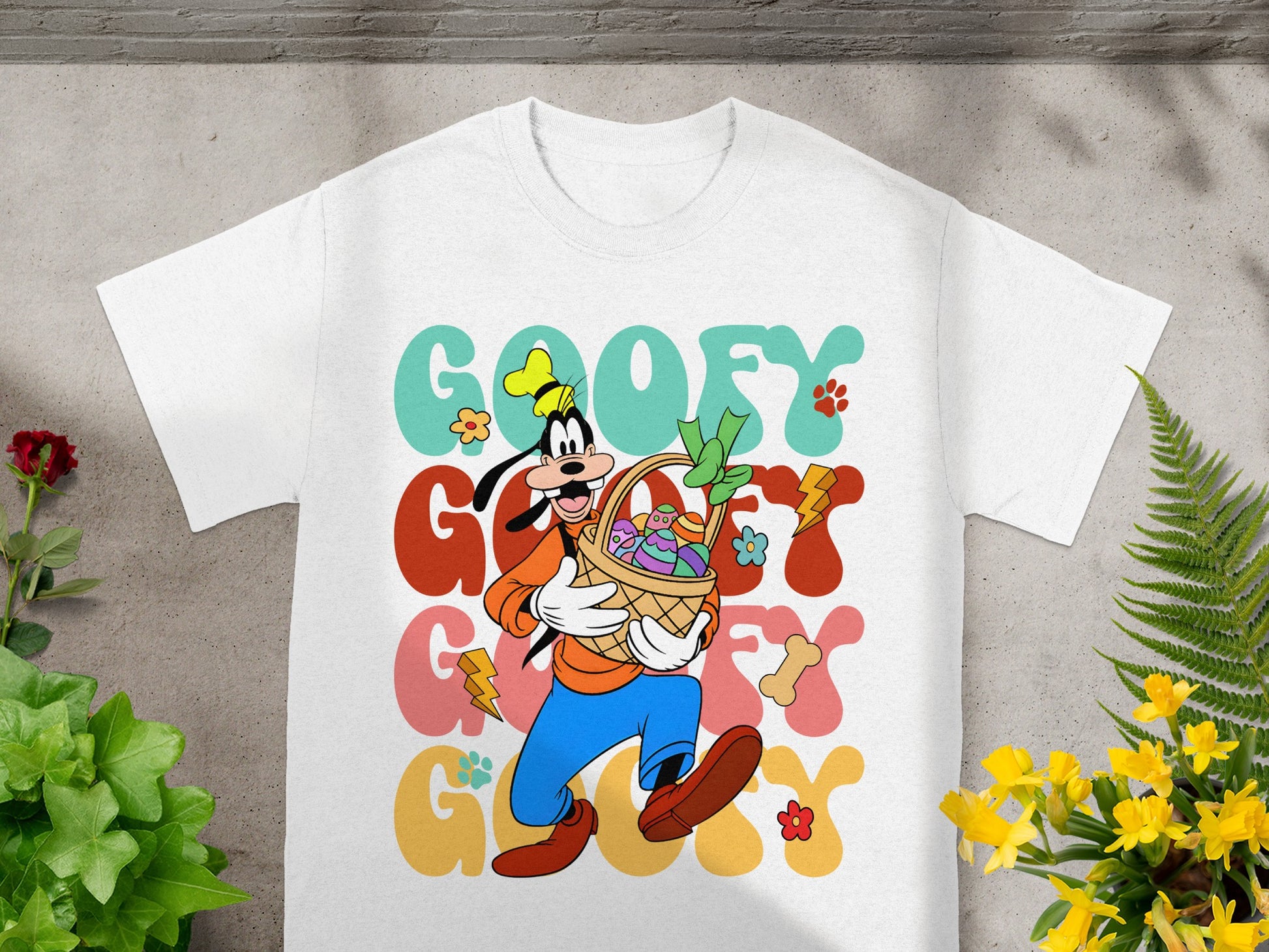 Goofy character holding an Easter basket filled with eggs and flowers.