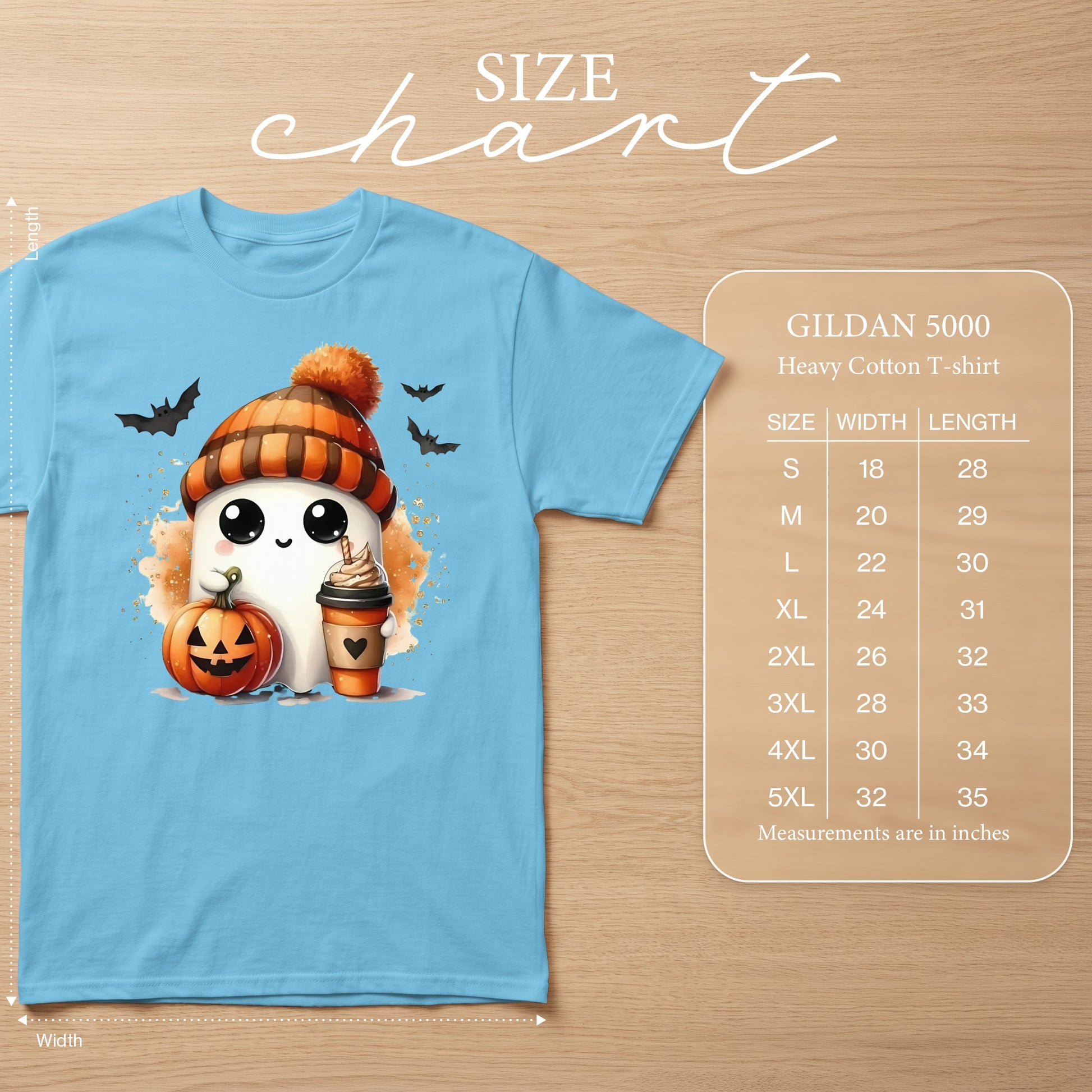 Light blue t-shirt with a cute ghost holding a pumpkin and coffee cup. Size chart included.