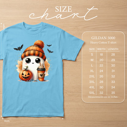 Light blue t-shirt with a cute ghost holding a pumpkin and coffee cup. Size chart included.