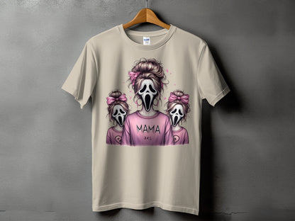 T-shirt with "Mama" and "bes" text featuring ghost mask characters with pink bows.