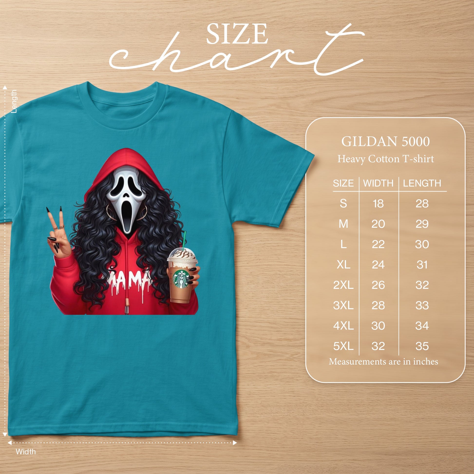 Teal t-shirt with "MAMA" graphic and Ghostface mask, featuring Gildan 5000 size chart.
