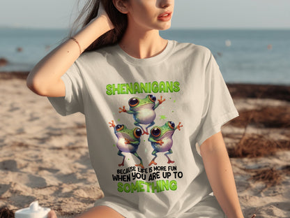 Shenanigans Frog Trio Fun Beach T-shirt with Quote