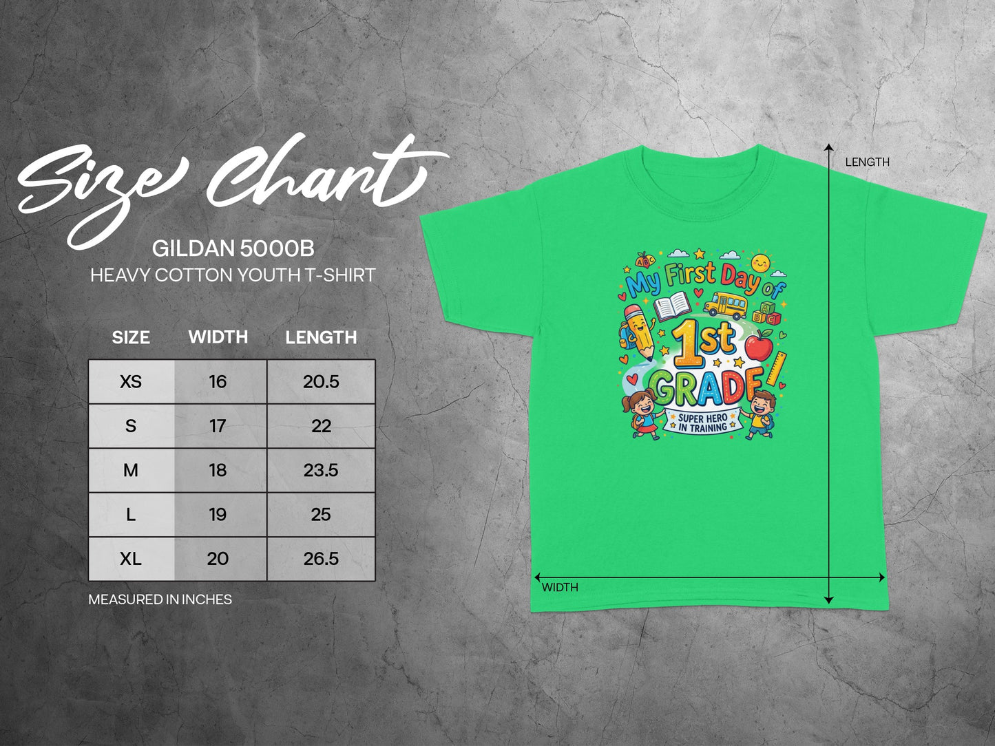 Green youth t-shirt with "My First Day of 1st Grade" graphic and size chart.
