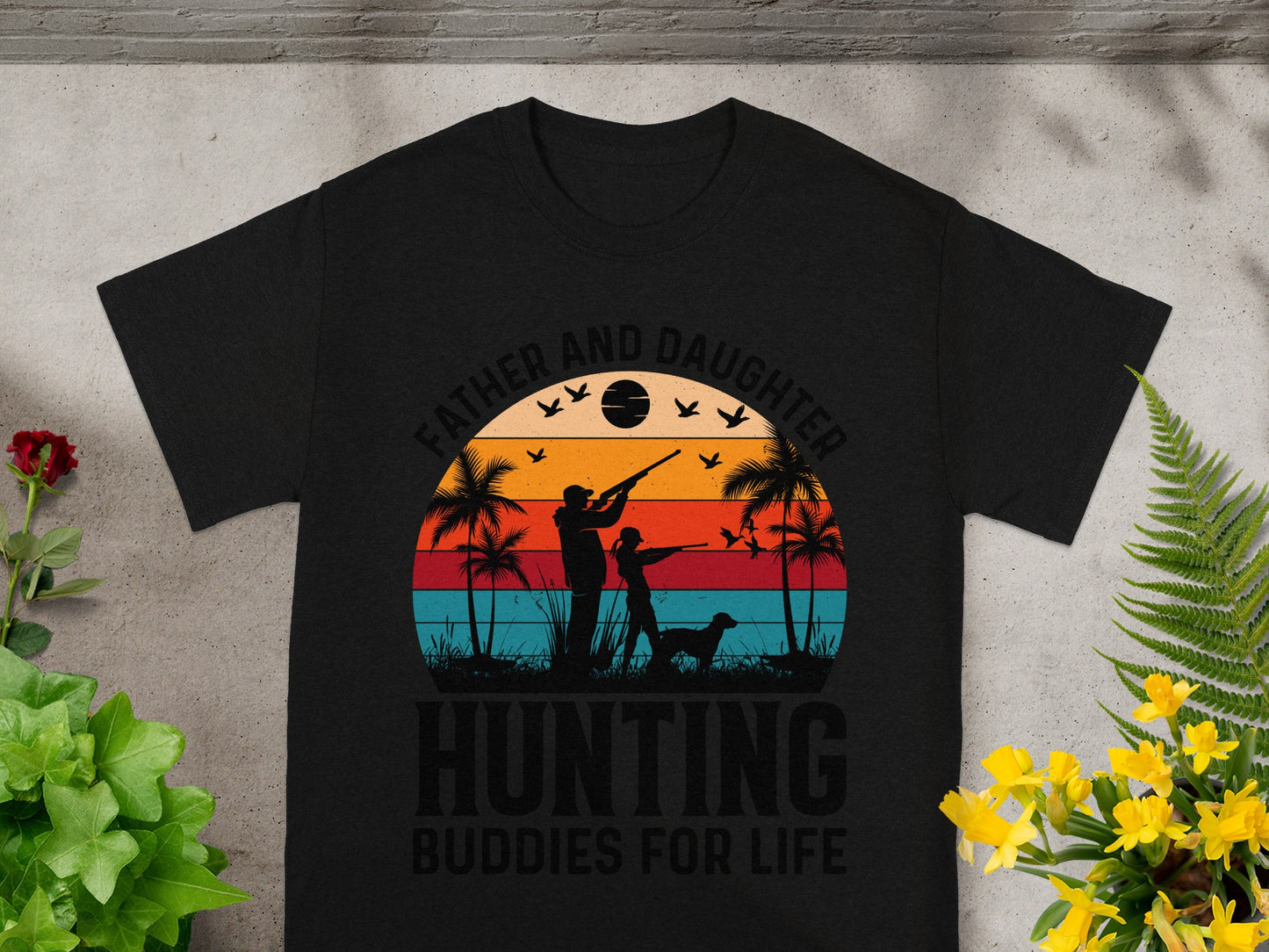 Father and daughter hunting buddies for life t-shirt with sunset graphic.