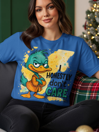 Blue t-shirt with cartoon duck and text "I honestly don't care."