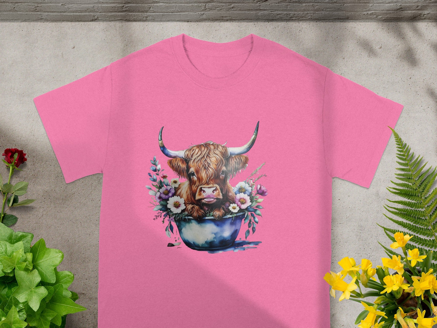 Colorful Highland Cow with Flowers Graphic Shirt