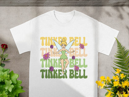 White t-shirt with Tinkerbell and "Tinker Bell" text.