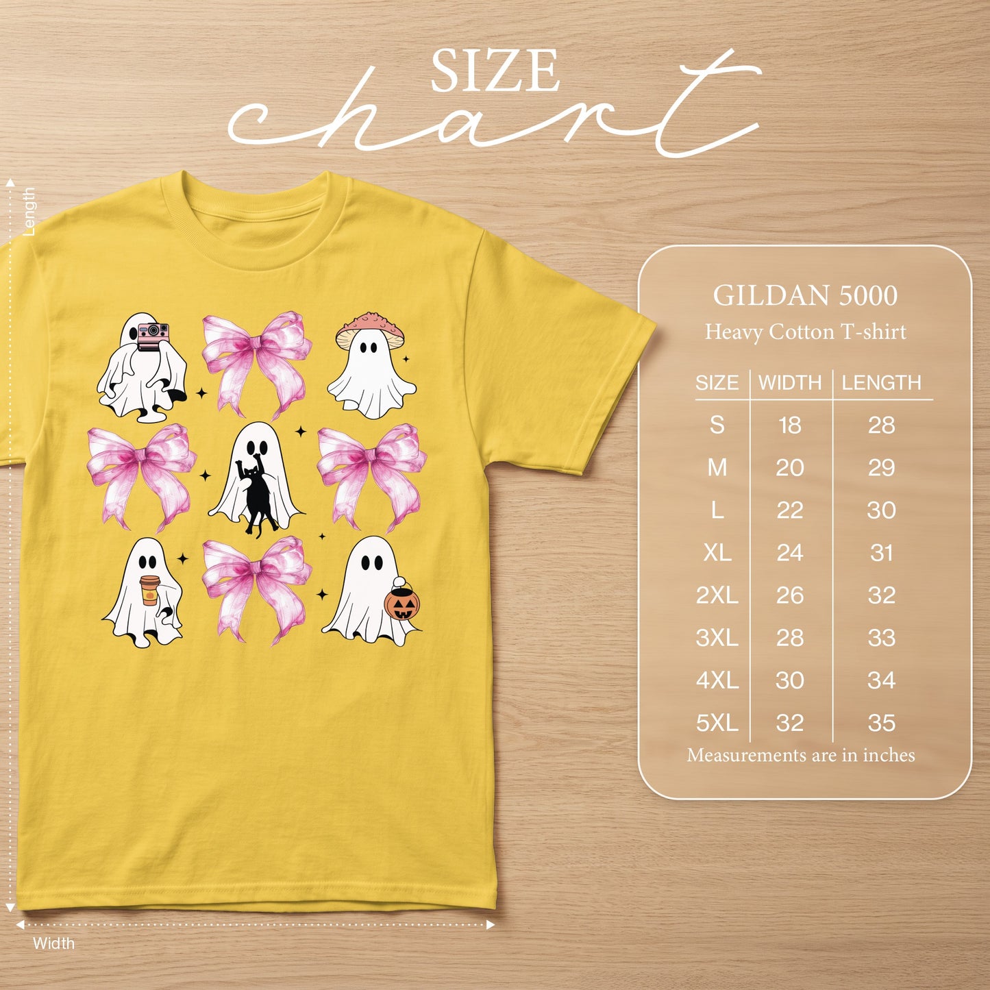 Yellow t-shirt with ghost graphics and a size chart table.