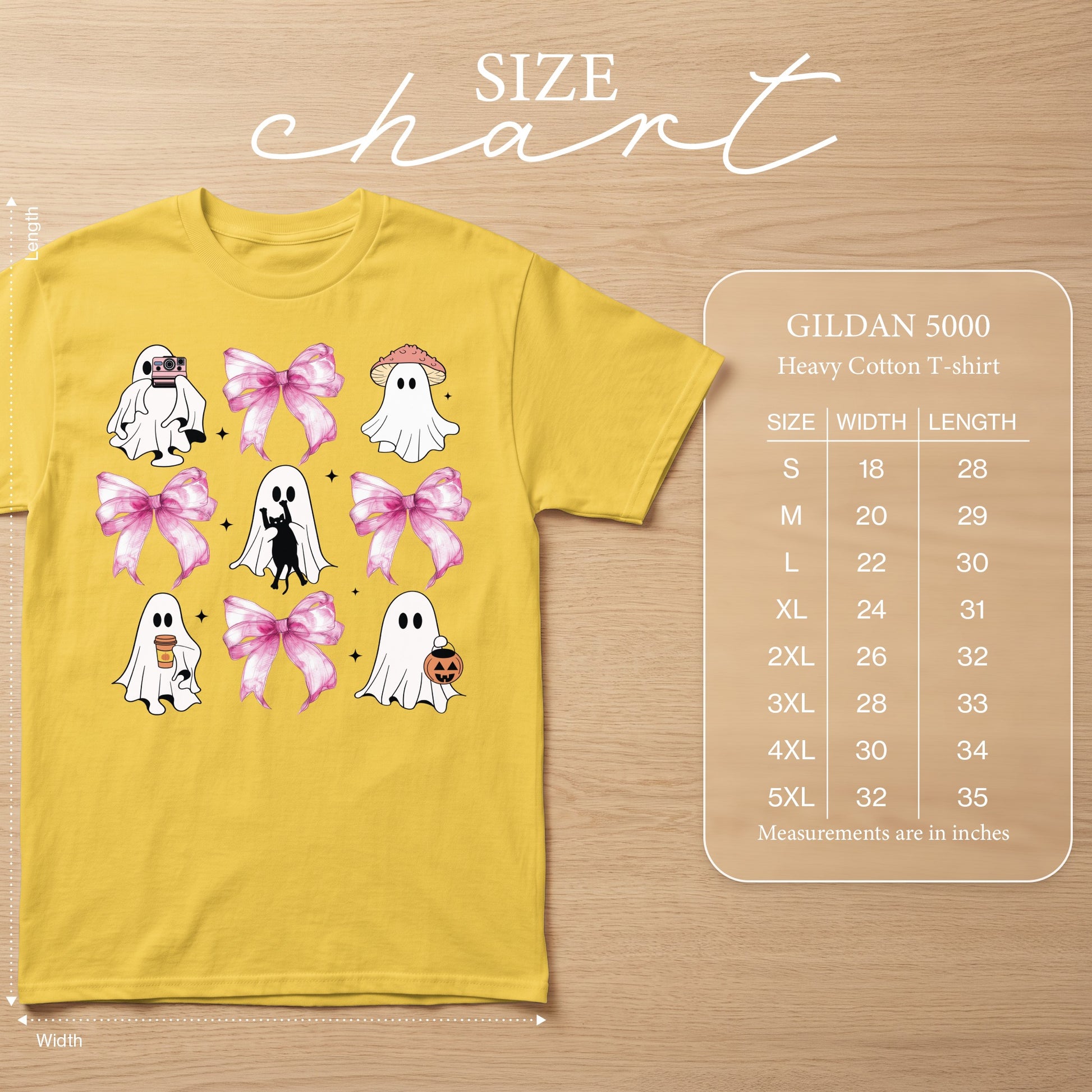 Yellow t-shirt with ghost graphics and a size chart table.