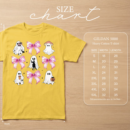 Yellow t-shirt with ghost graphics and a size chart table.