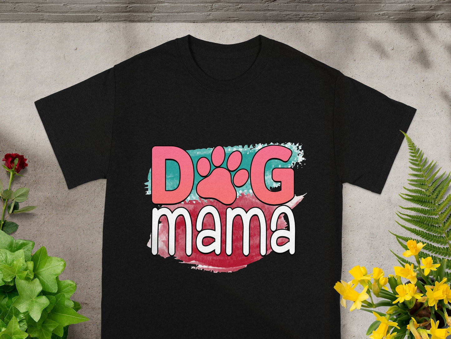 Dog Mama T-Shirt with Colorful Paw Print Design