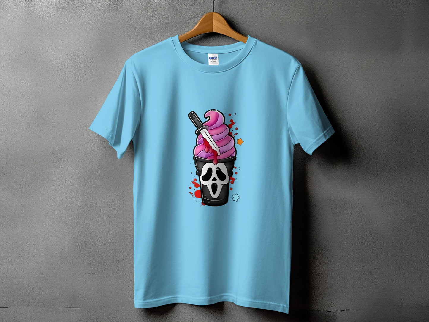 Light blue t-shirt with a Scream mask ice cream cone design.