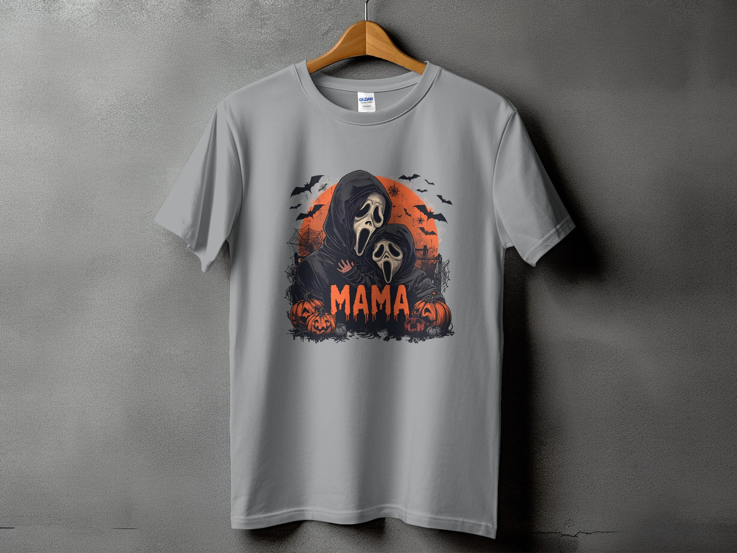 Ghostface mama and child with pumpkins and bats on a t-shirt.