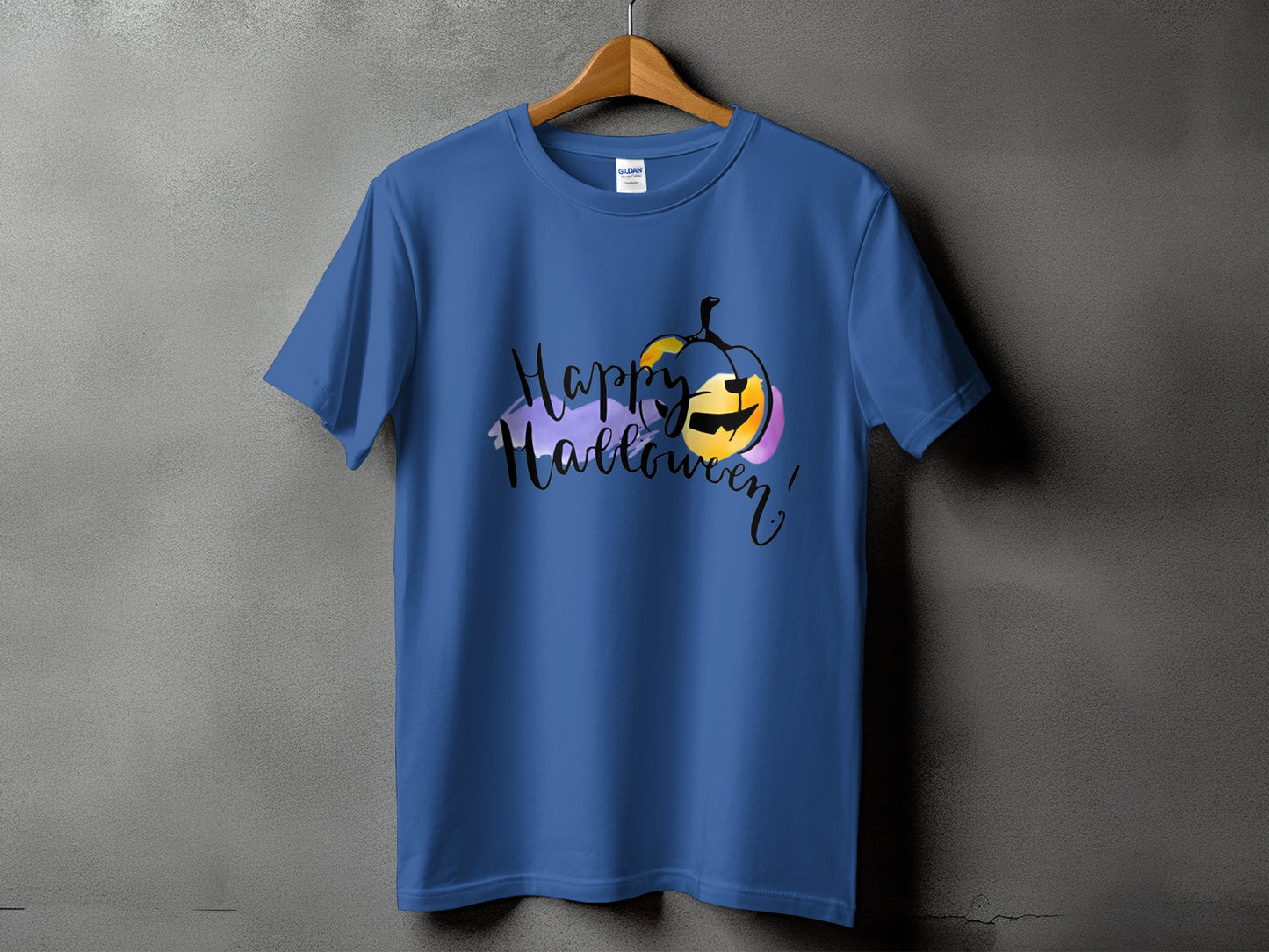 Blue t-shirt with "Happy Halloween!" text and a colorful pumpkin graphic.