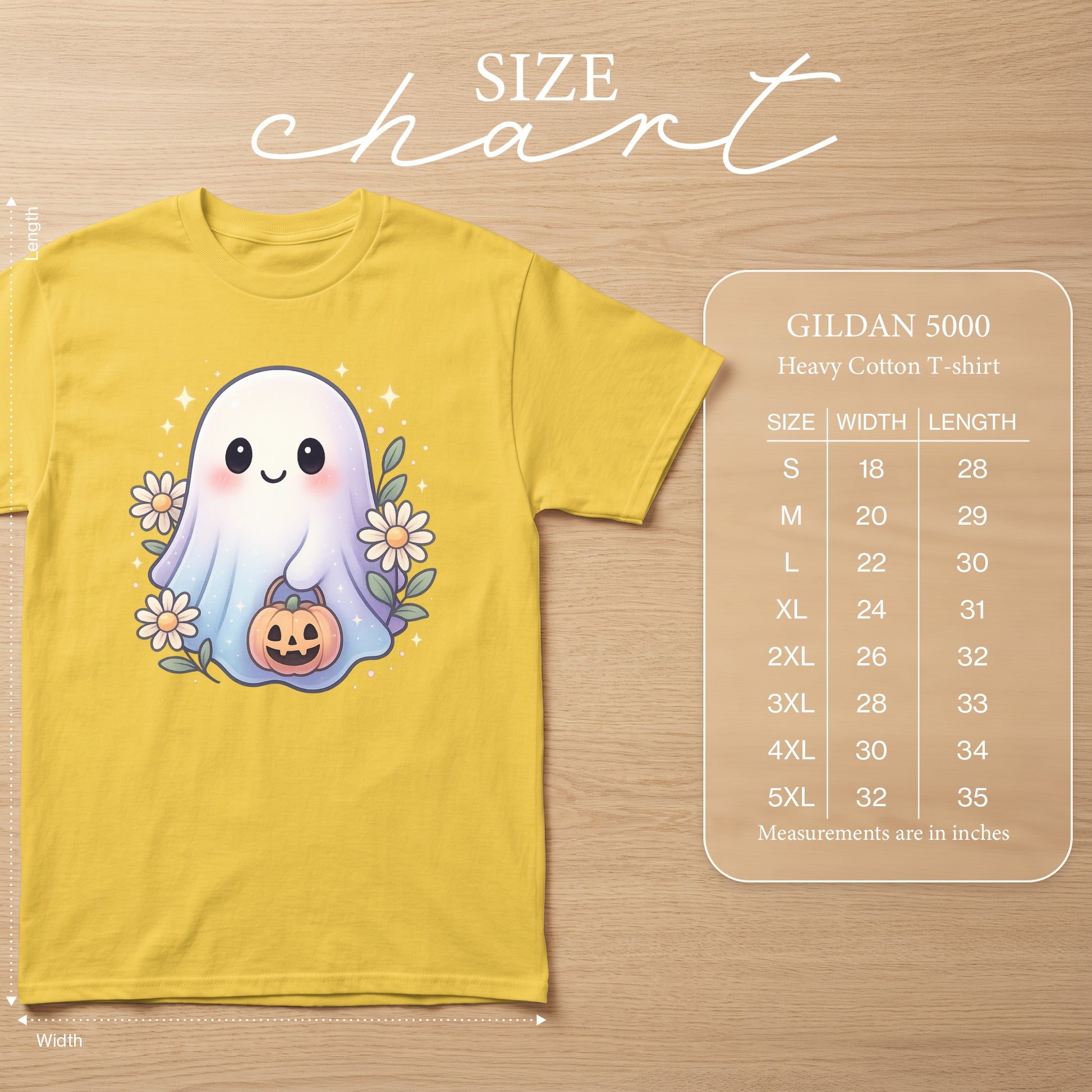 Yellow t-shirt with cute ghost graphic and Gildan 5000 size chart.