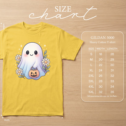 Yellow t-shirt with cute ghost graphic and Gildan 5000 size chart.