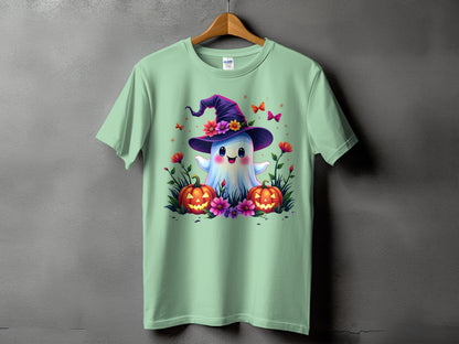Mint green t-shirt with ghost wearing witch hat, pumpkins, and flowers.