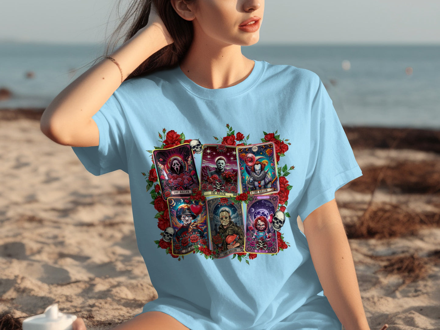 Vibrant Tarot Card Design Skull and Roses Graphic Shirt