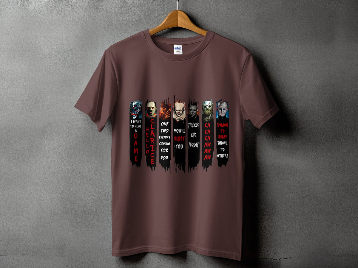 Brown t-shirt with horror characters and text "I want to play a game"