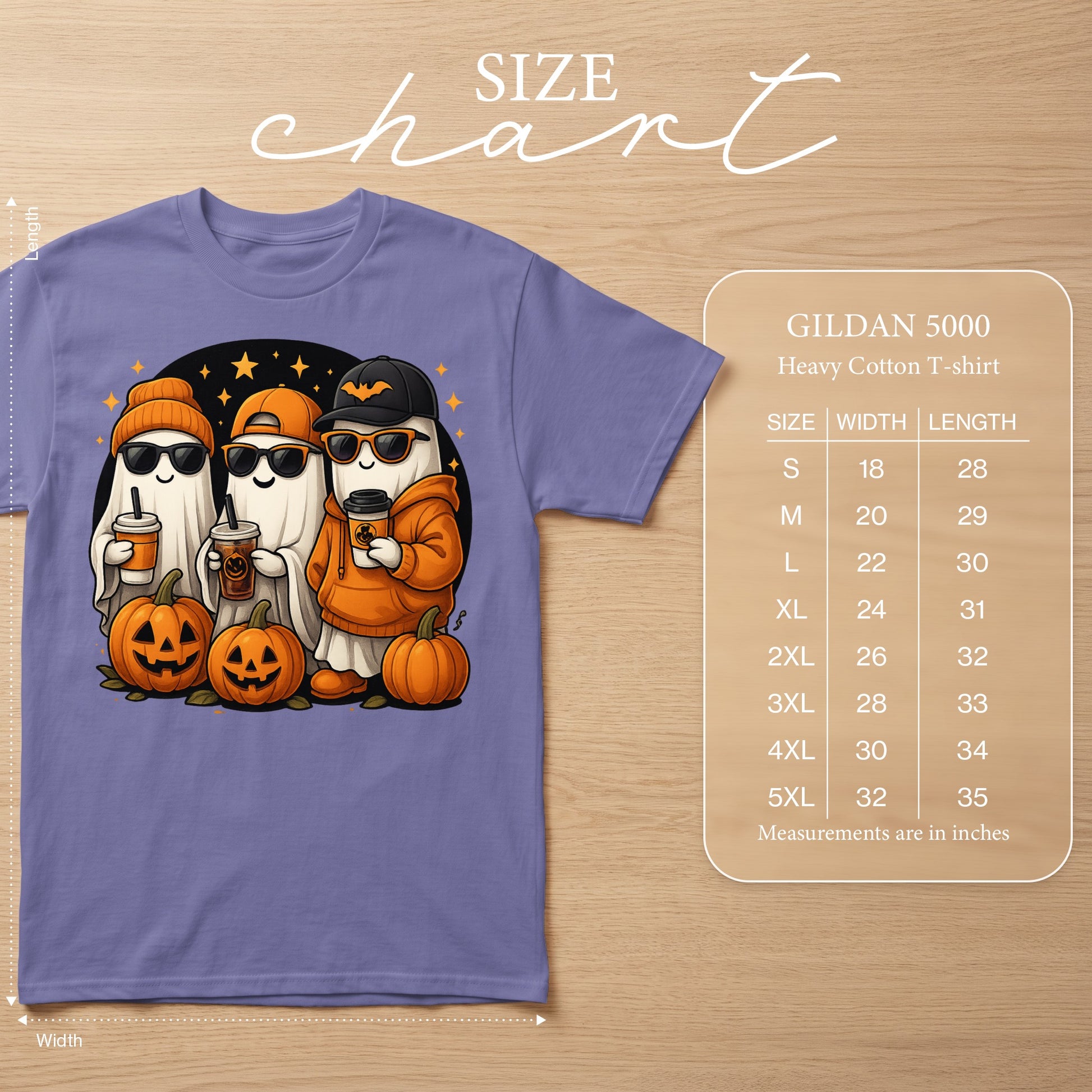 Halloween ghosts with pumpkins and coffee on a Gildan 5000 size chart.
