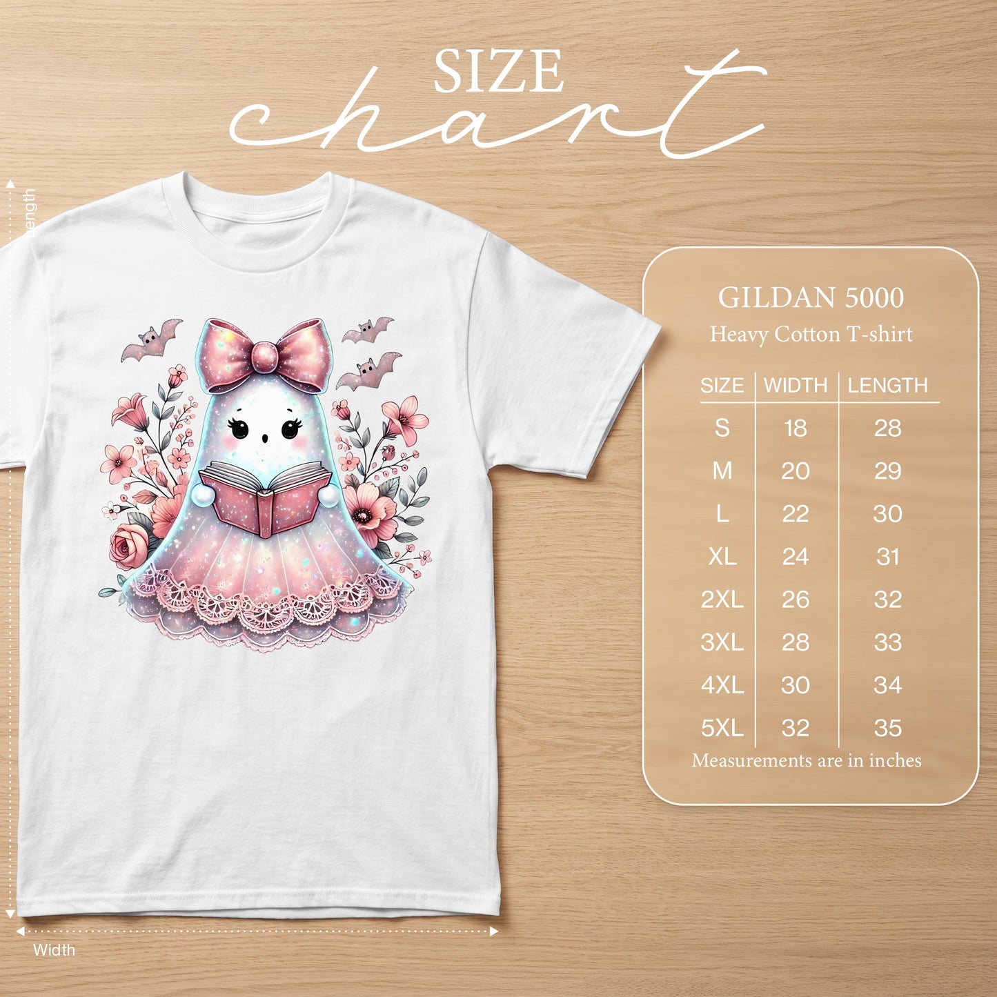 Size chart for Gildan 5000 Heavy Cotton T-shirt with measurements in inches.