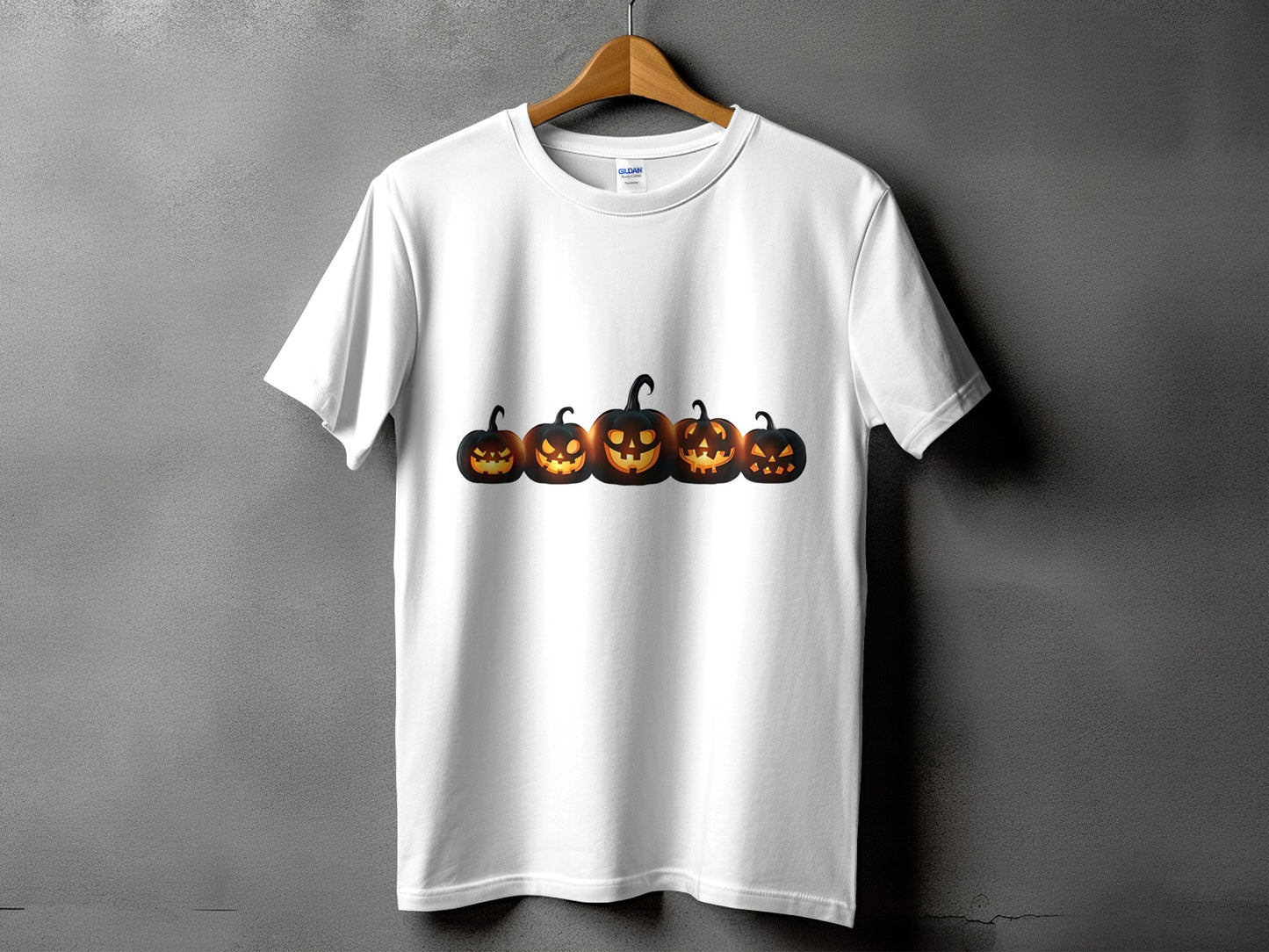 White t-shirt with a row of five glowing jack-o'-lanterns printed across the chest.