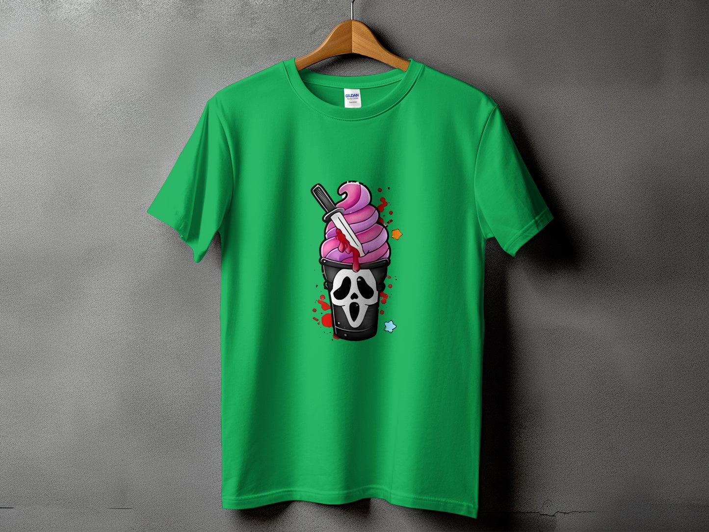 Green t-shirt with ghost face ice cream and knife graphic.