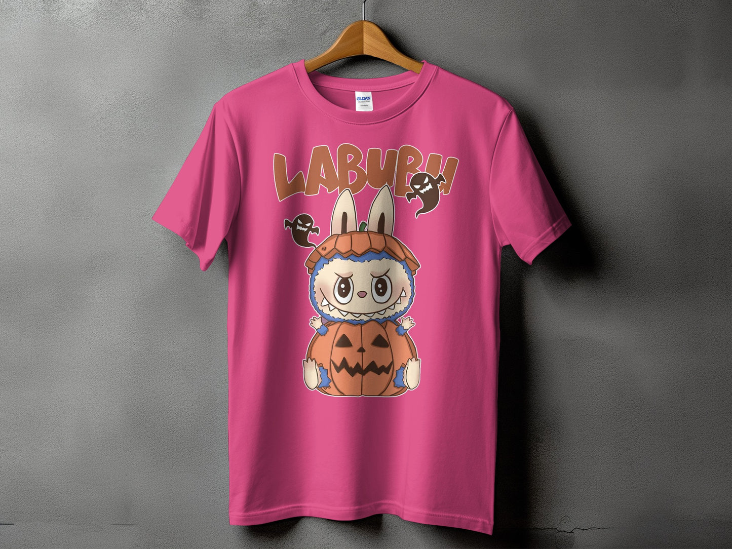 Pink t-shirt with "LABURR!" text and a cartoon character in a pumpkin costume.