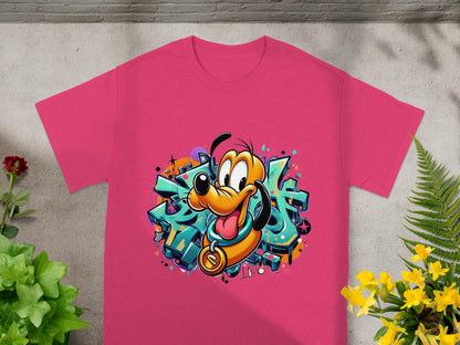 Pink t-shirt with a cartoon dog character in graffiti style.