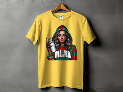 Yellow t-shirt with a graphic of a woman wearing a hooded sweatshirt with "MAMA" text.