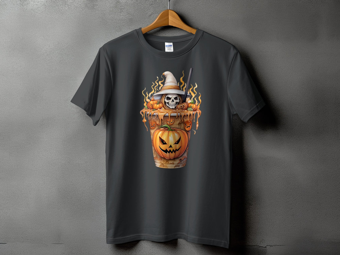 Dark grey t-shirt with Halloween-themed graphic of a skull in a witch hat and pumpkins.