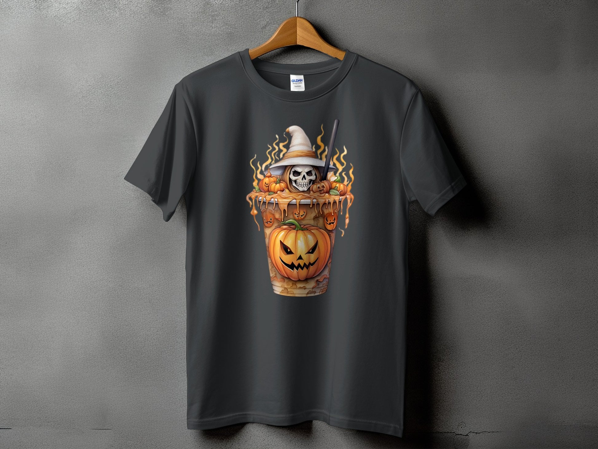 Dark grey t-shirt with Halloween-themed graphic of a skull in a witch hat and pumpkins.