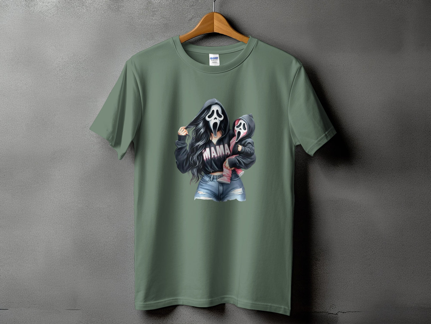 Ghostface mama and baby graphic on a green t-shirt.