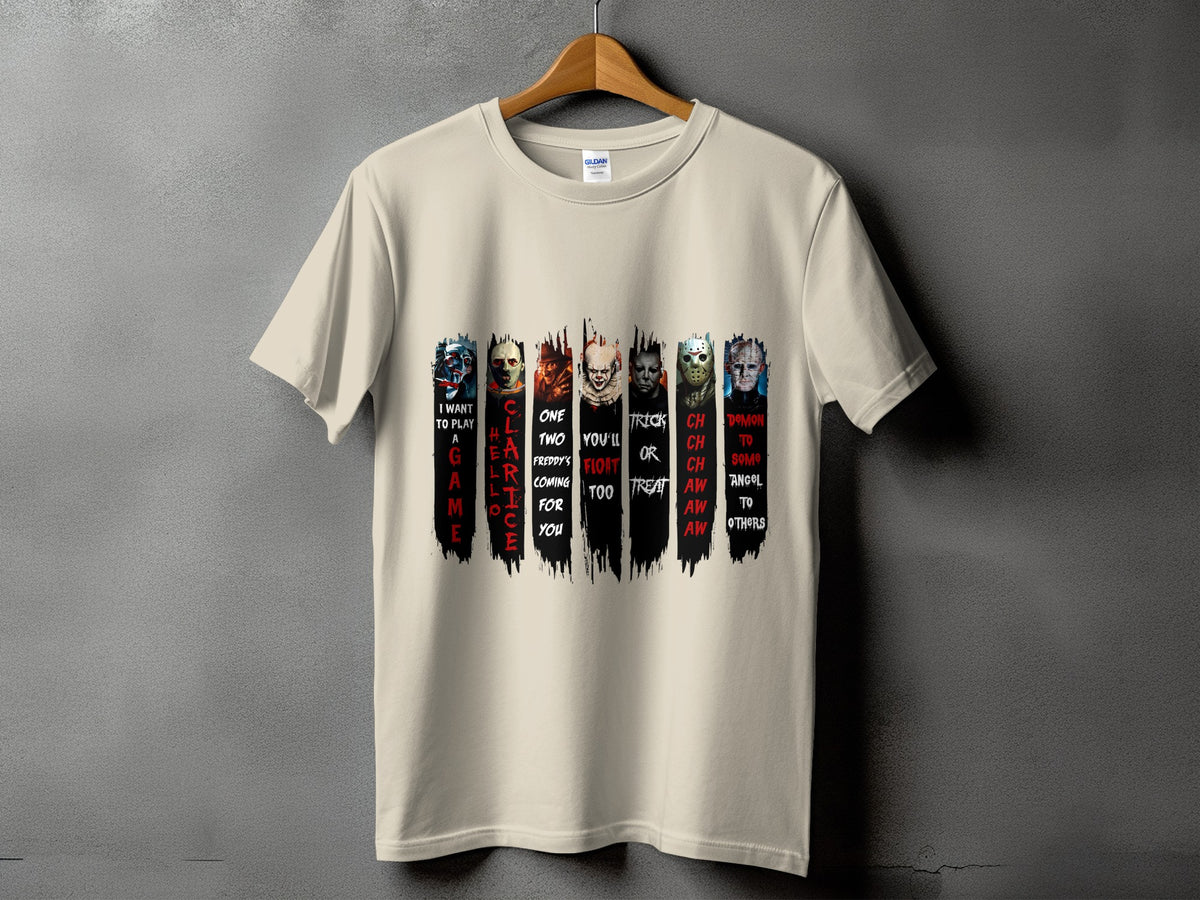 Cream t-shirt with horror movie villains and text: "I want to play a game."