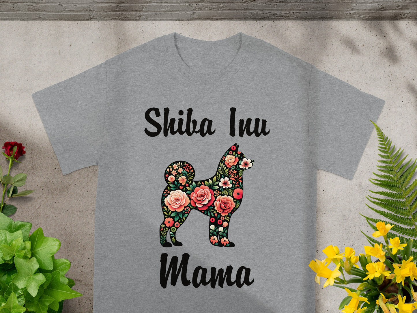 Shiba Inu mama t-shirt with a floral dog silhouette and text.