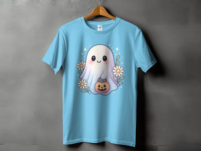 Light blue t-shirt with a cute ghost holding a pumpkin surrounded by flowers.