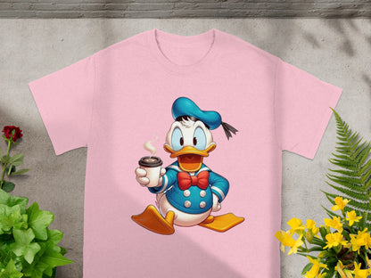 Pink t-shirt with Donald Duck holding a coffee cup.