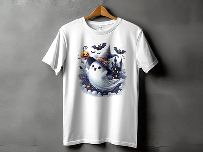 White t-shirt with a cute ghost, jack-o'-lantern, bats, and haunted house Halloween graphic.