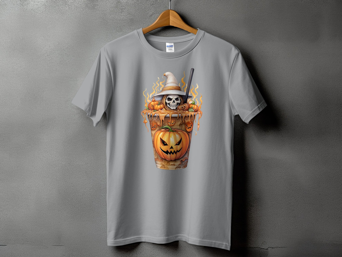 Halloween t-shirt with skull, witch hat, pumpkins, and caramel drink graphic.