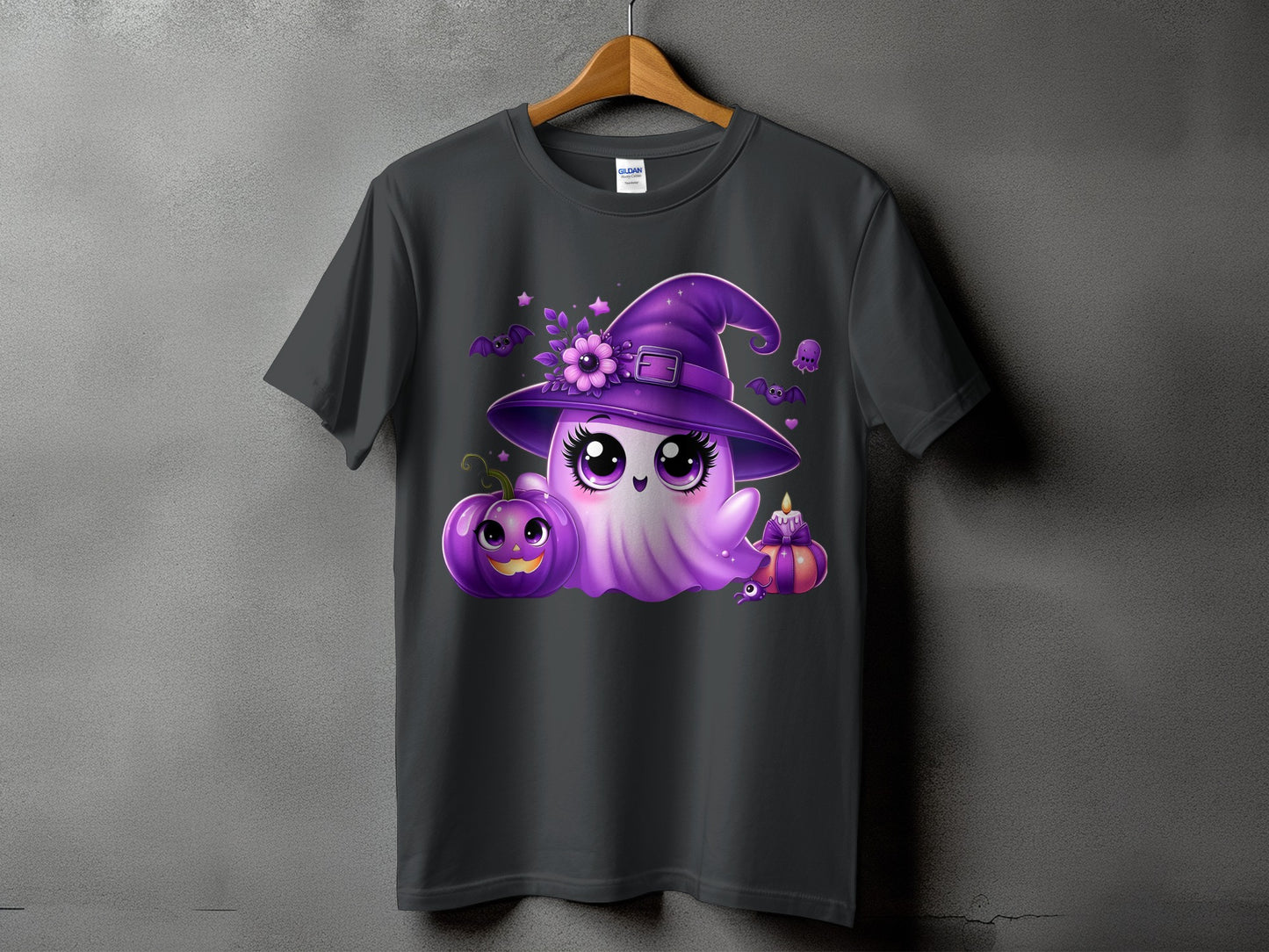 Cute purple ghost in witch hat with pumpkin and candle on t-shirt.