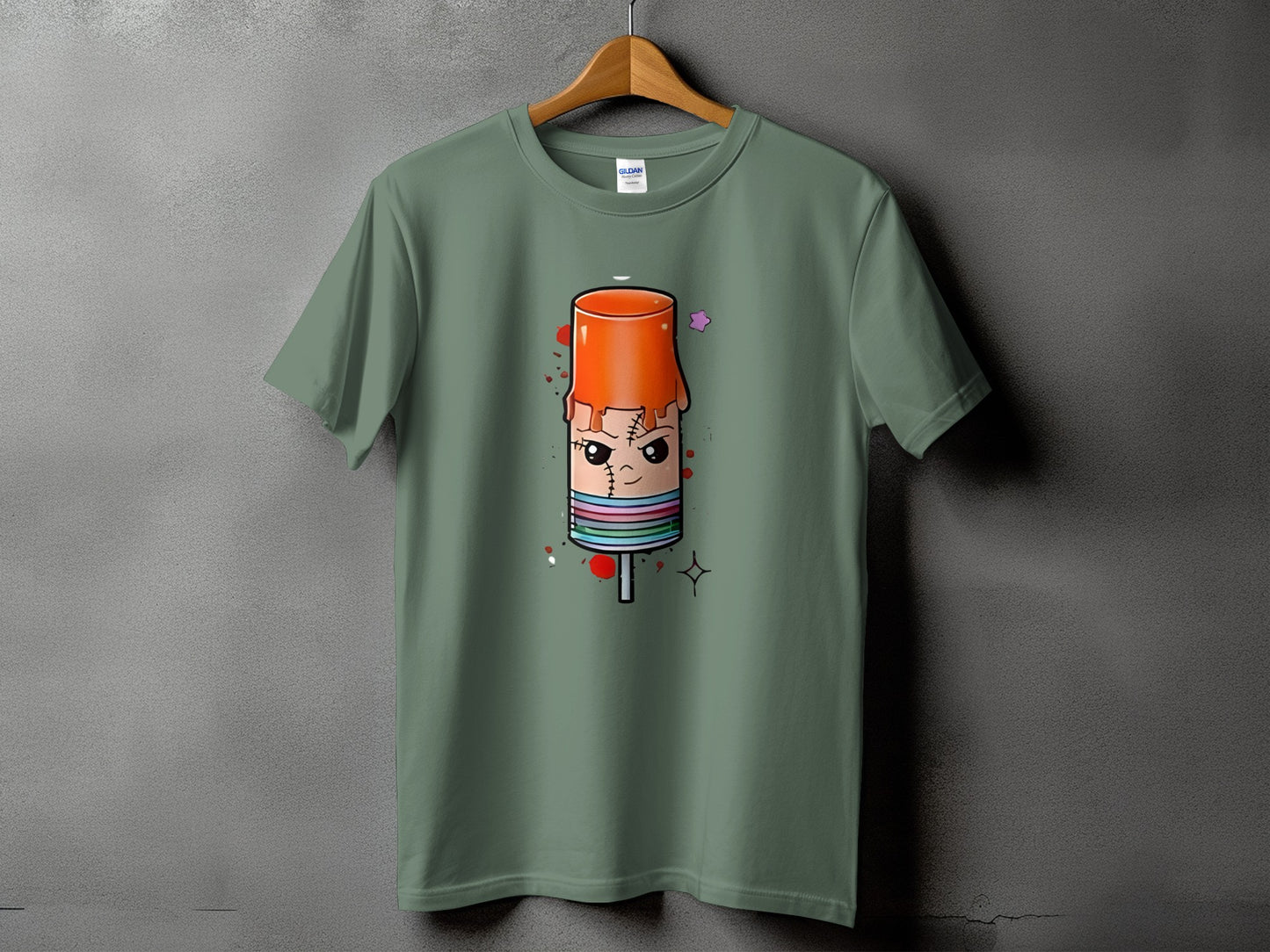 T-shirt with cartoon popsicle graphic featuring a stitched face and colorful stripes.